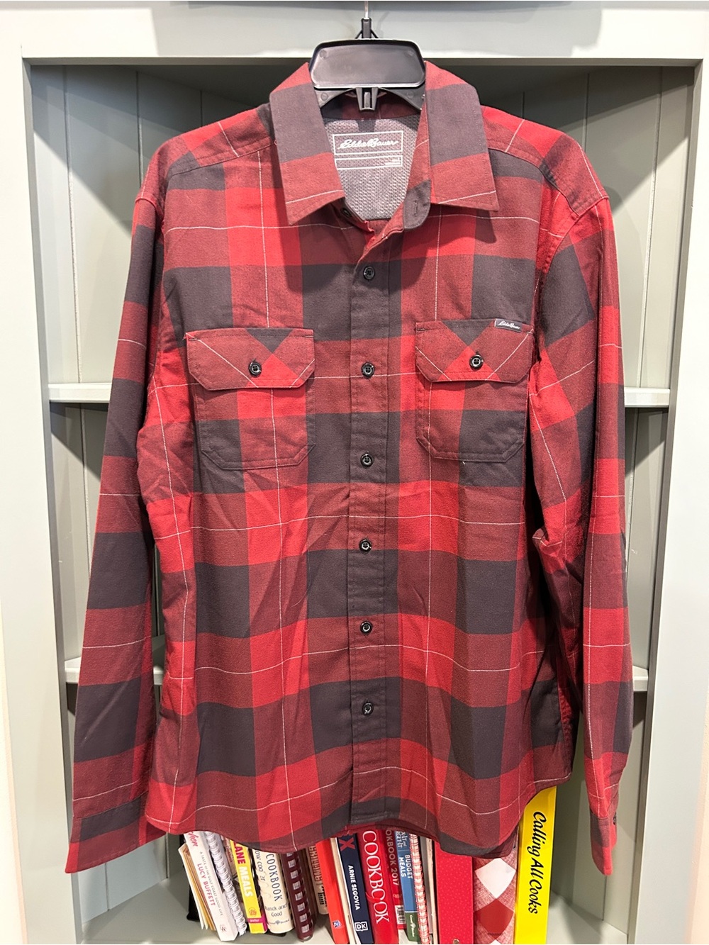 Eddie Bauer Red and Dark Gray Plaid Lightweight Shirt Jacket